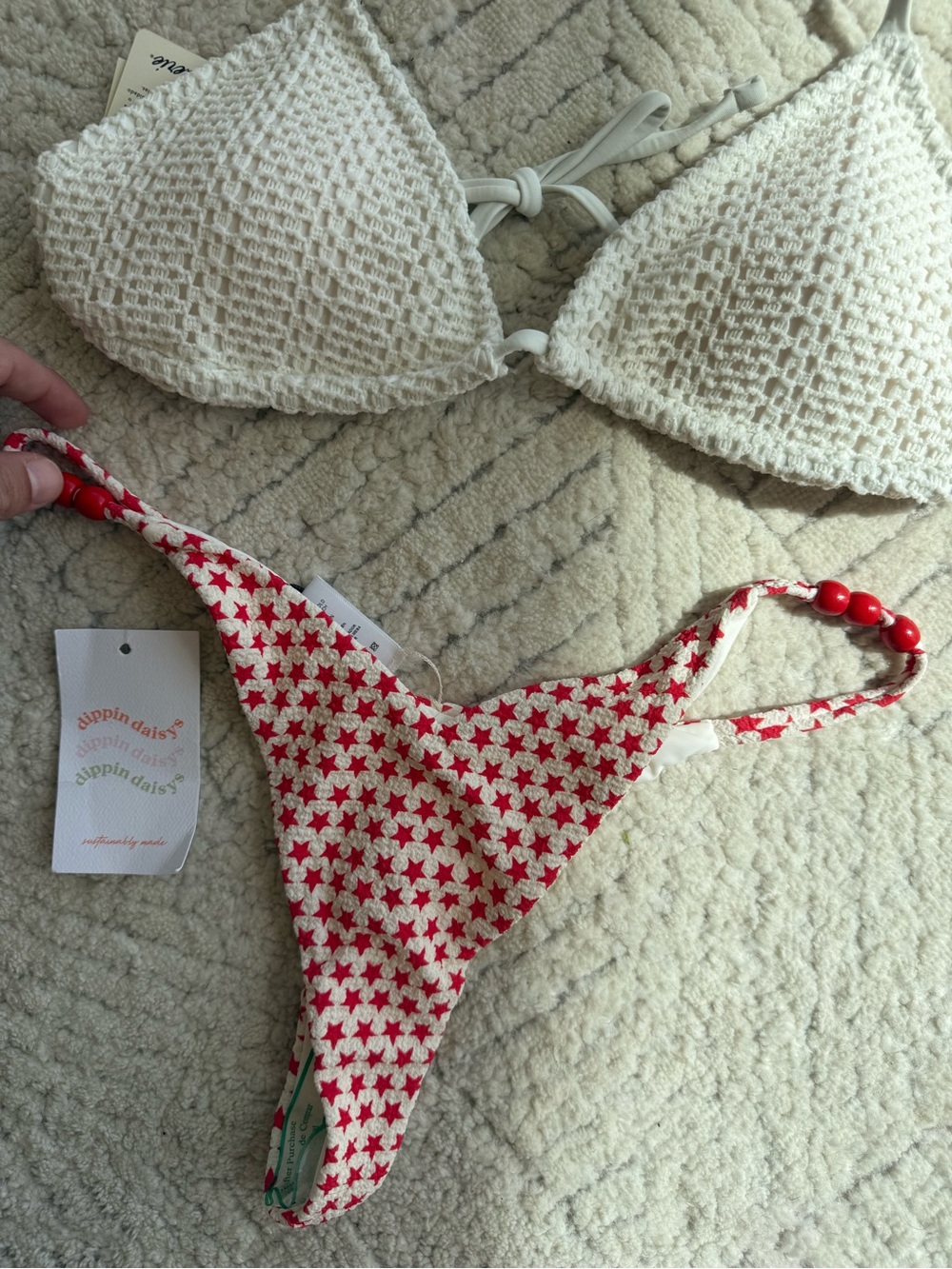 aerie Crochet Triangle Bikini Top in Cream & Red Star Print Bottom - Picture 2 of 7